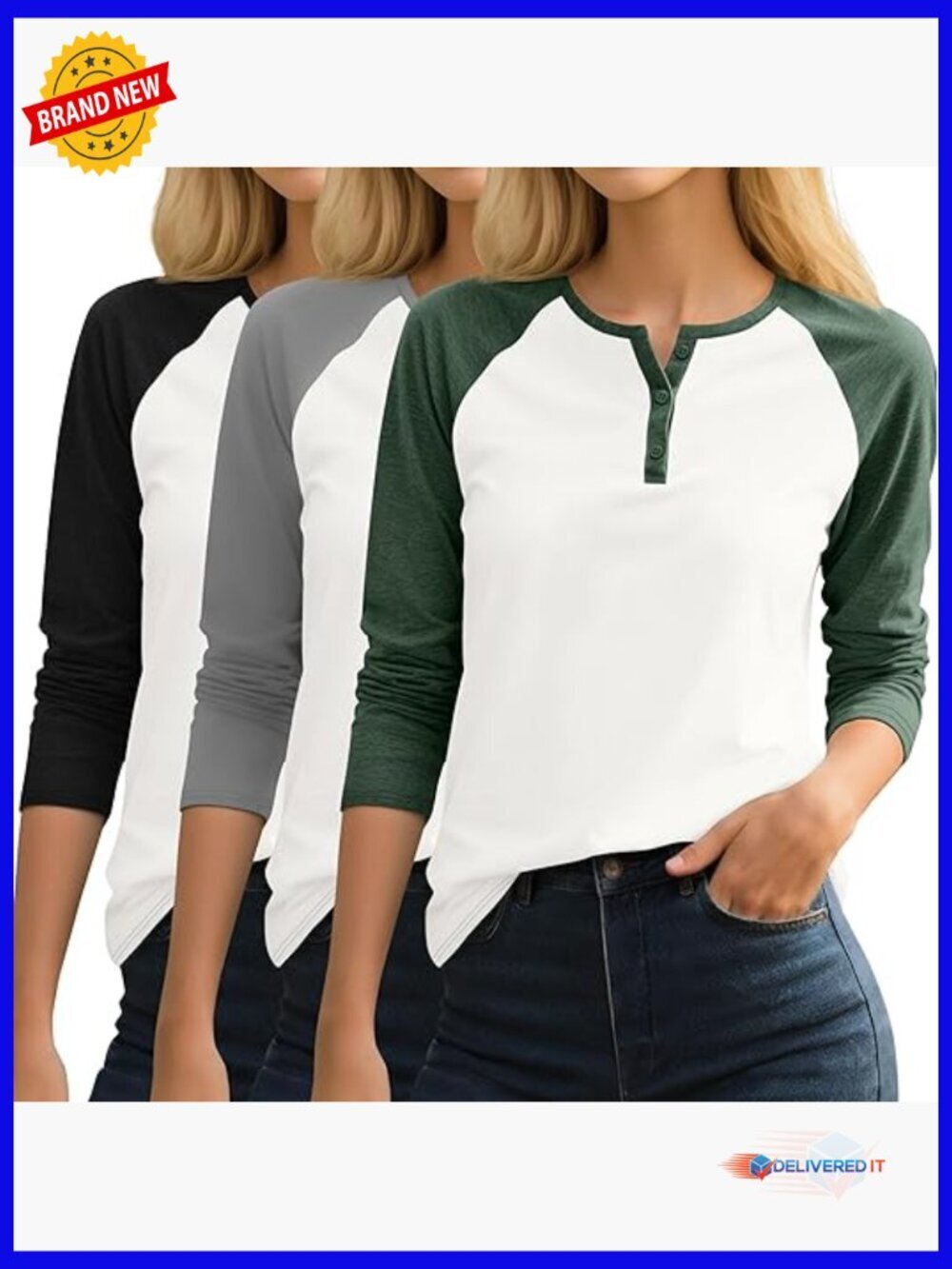 3/4 Raglan Sleeve V-Neck Baseball Tee Tunic Blouses 3 Pack